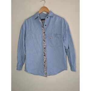 Vintage Barbara Blue Chambray Button Down Shirt Floral Trim Womens S Cotton